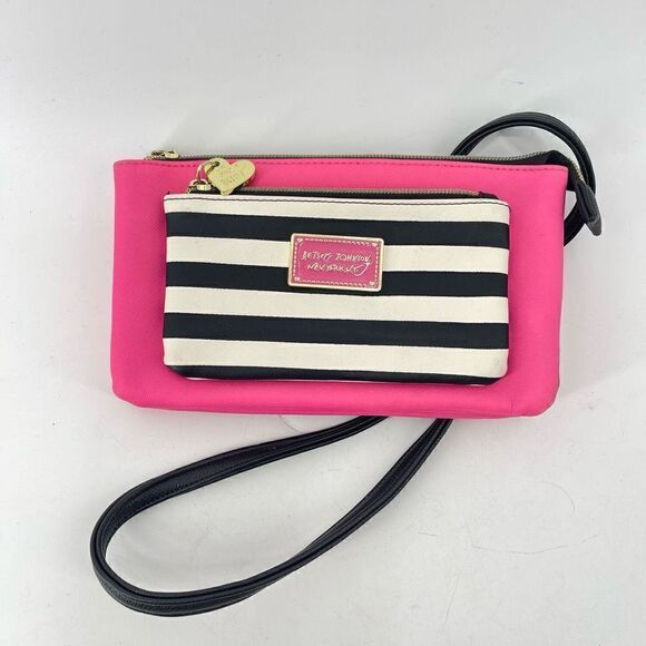 Betsey Johnson New York NY Womens Crossbody Bag Striped Hot Pink Zippered - Picture 14 of 15